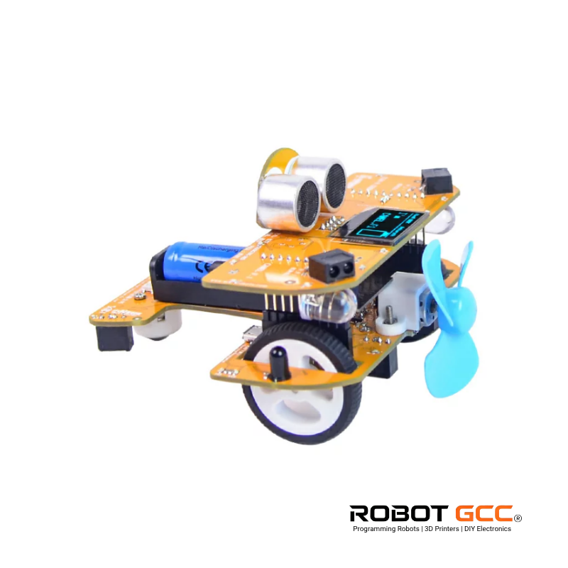 Electronic robot kit with wheels and sensors on a white background, featuring the brand 'Robot GCC'.