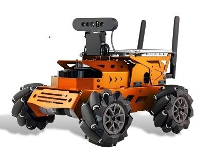 Orange and black robot model with large wheels on a white background
