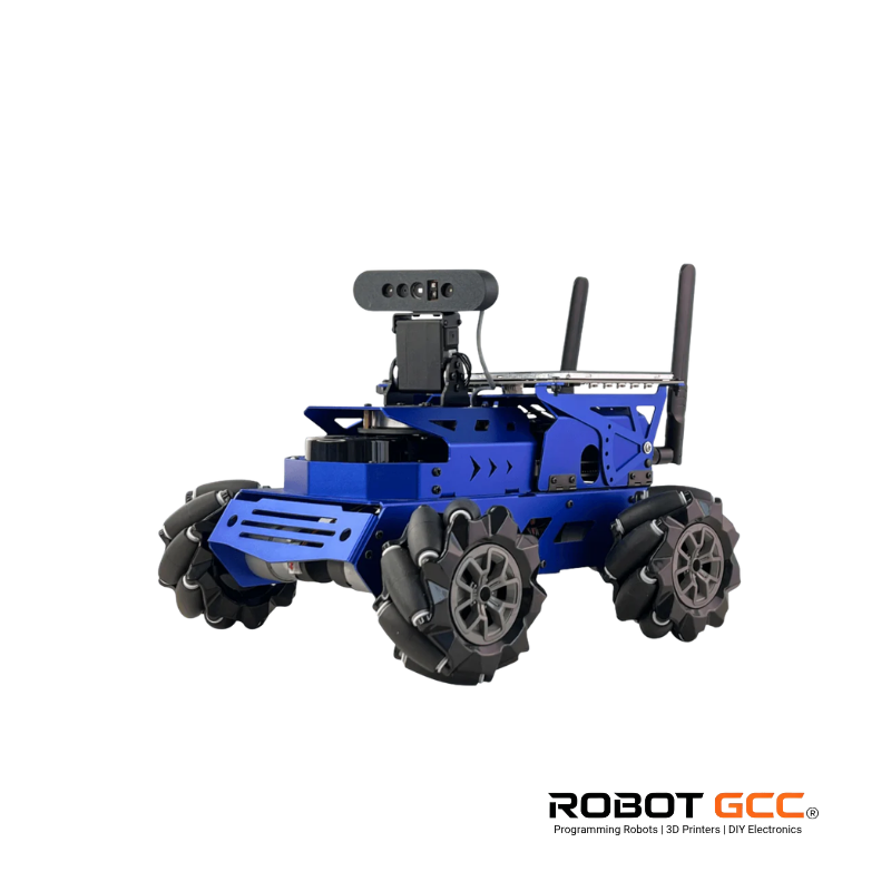 Blue robot chassis with wheels on a white background, featuring the Robot GCC logo.