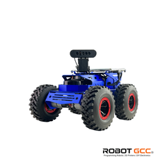 Blue robot with large wheels on a white background, featuring the brand 'Robot GCC'.