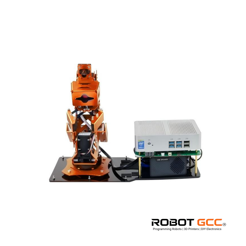 Orange robotic arm and control unit on a white background with 'Robot GCC' branding.