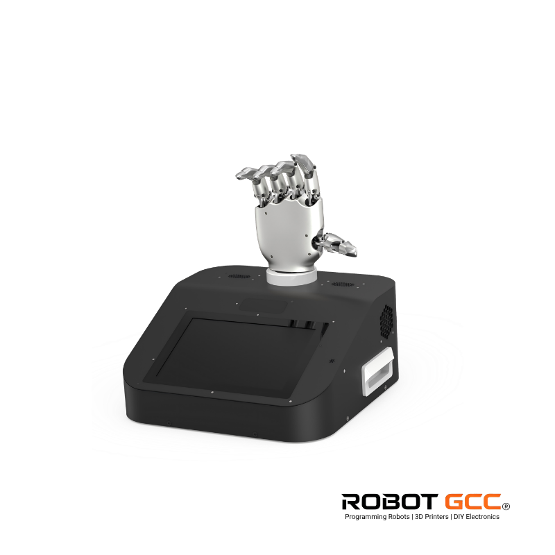 Robotic arm on a black base with 'Robot GCC' branding on a white background