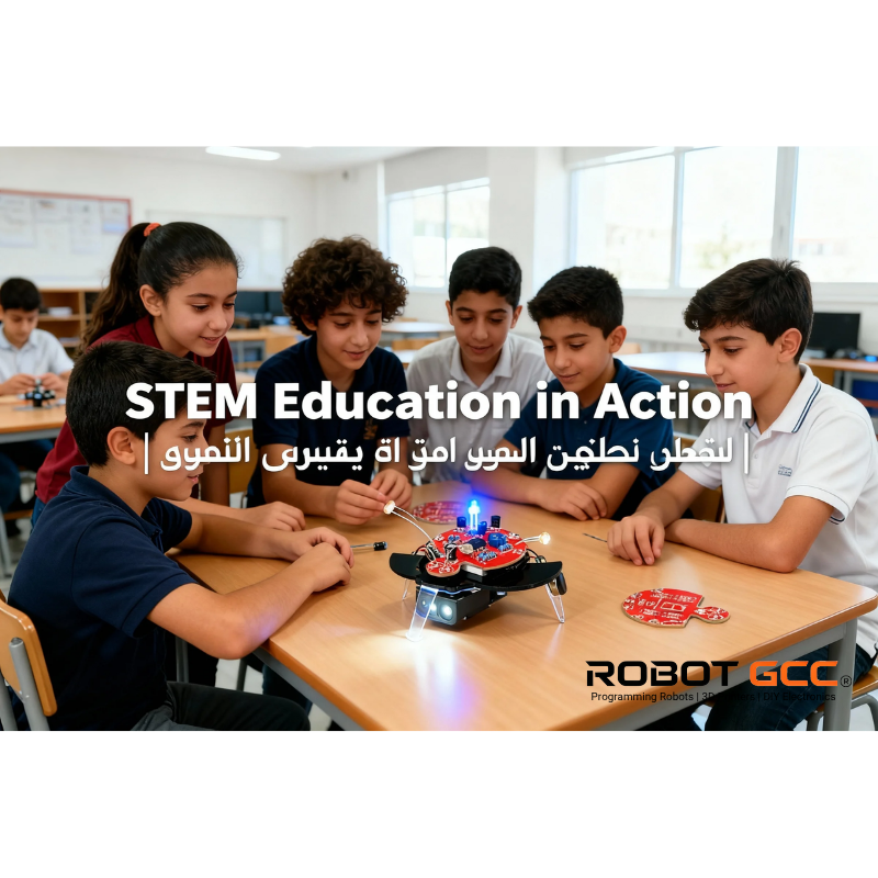 Children engaged in STEM education with a robot at a table in a classroom setting.