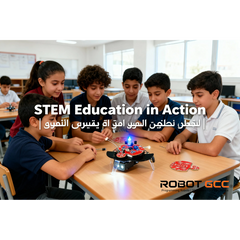Children engaged in STEM education with a robot at a table in a classroom setting.