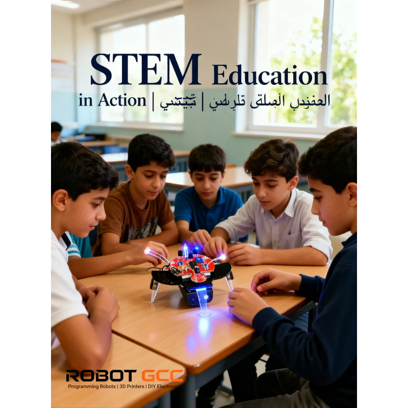 Children engaged with a robot at a table in a classroom setting, with text about STEM education and Robot CEO branding.