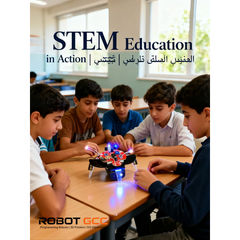 Children engaged with a robot at a table in a classroom setting, with text about STEM education and Robot CEO branding.