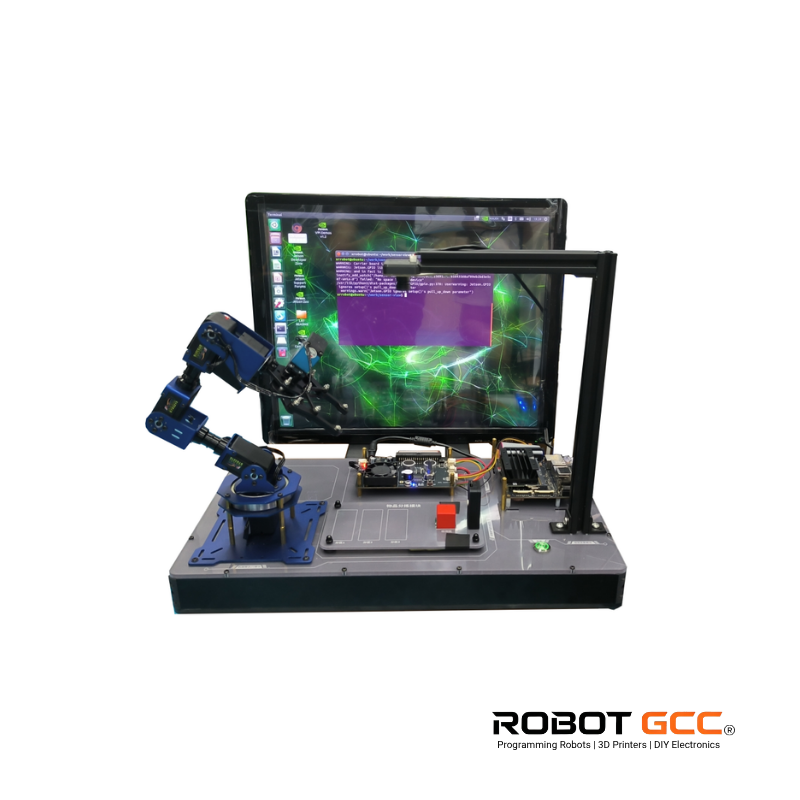 Robotic arm setup with computer monitor displaying software interface on a white background, featuring 'Robot GCC' branding.