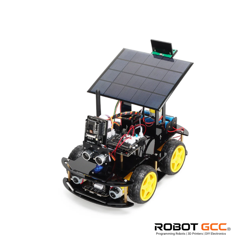 Solar-powered robot chassis with visible components on a white background, featuring the brand 'Robot GCC'.