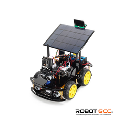 Solar-powered robot chassis with visible components on a white background, featuring the brand 'Robot GCC'.