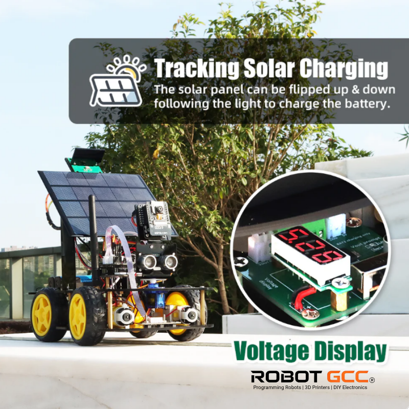 Robotic vehicle with solar panel and voltage display, featuring ROBOT GCC branding.