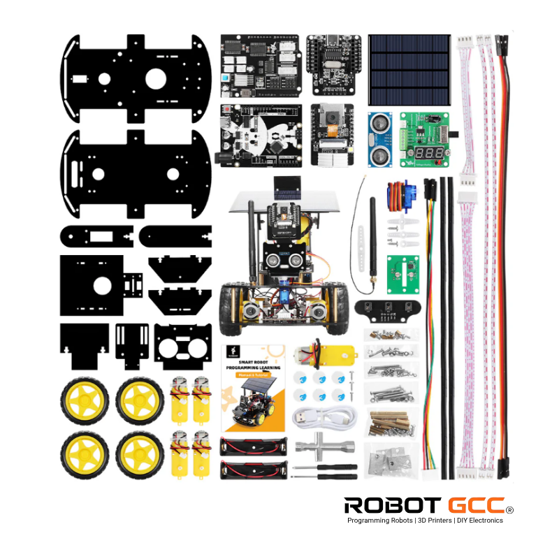 Robotic components and parts arranged on a white background with 'Robot GCC' branding.