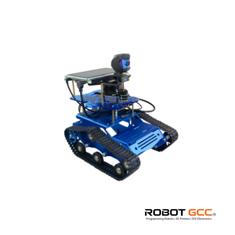 Blue robot chassis with electronic components on a white background, featuring the brand 'Robot GCC'.