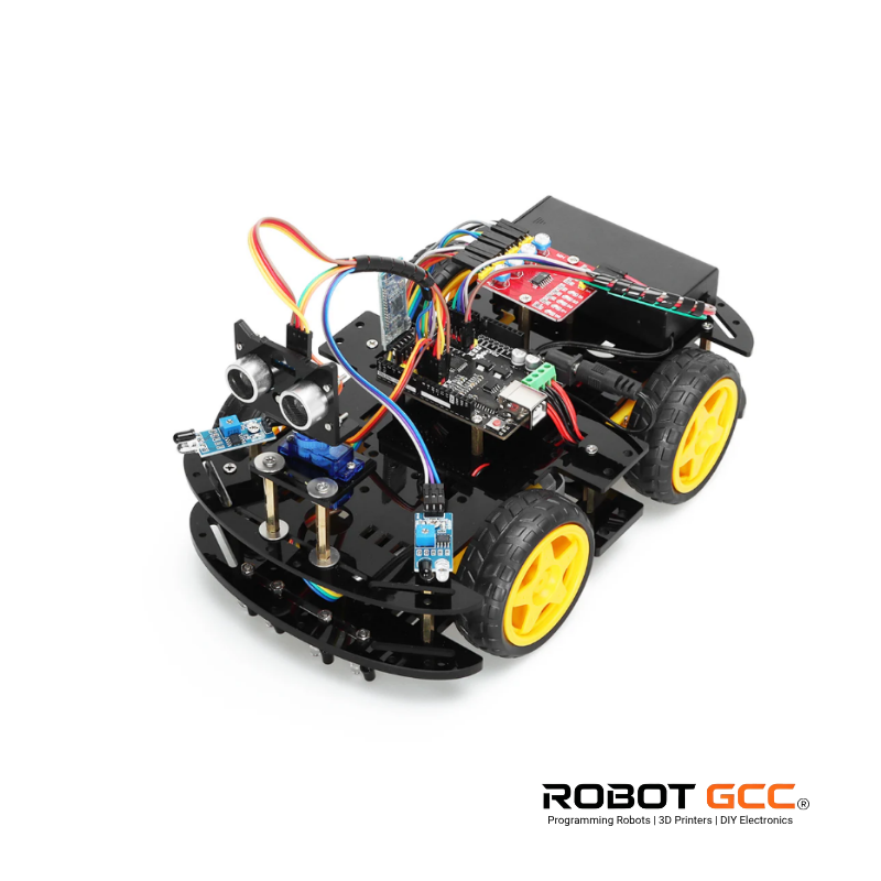 Robot chassis with electronic components on a white background, featuring the Robot GCC logo.