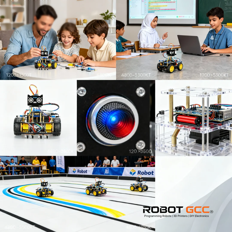 Collage of images showing children with robots, a robot on a track, and educational settings.