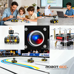 Collage of images showing children with robots, a robot on a track, and educational settings.