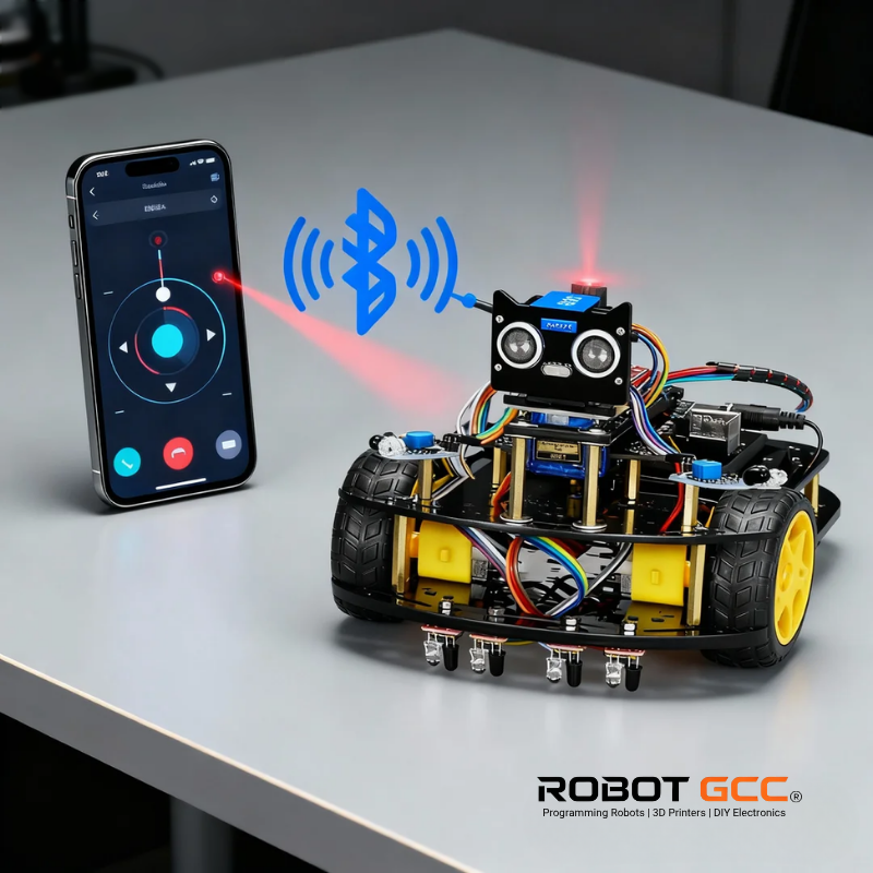 Robotic vehicle with smartphone app on a gray surface, featuring Robot GCC branding.