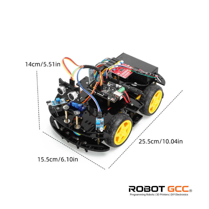 Robotic chassis with wheels and electronic components, showing dimensions and Robot GCC branding.