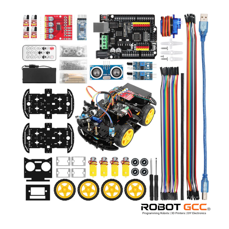 Robotic kit with various components on a white background, featuring the brand 'Robot GCC'.
