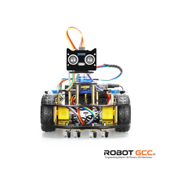 Robotic chassis with visible wiring and components on a white background, featuring the Robot GCC logo.