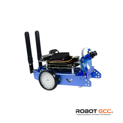 Robotic chassis with electronic components on a white background, featuring the Robot GCC logo.