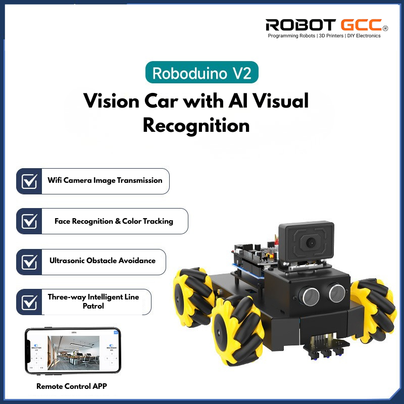 Robotic vision car with AI visual recognition features on a white background, featuring the ROBOT GCC brand.