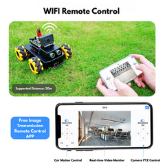 Robotic vehicle on grass with smartphone control and app interface showing video feed.