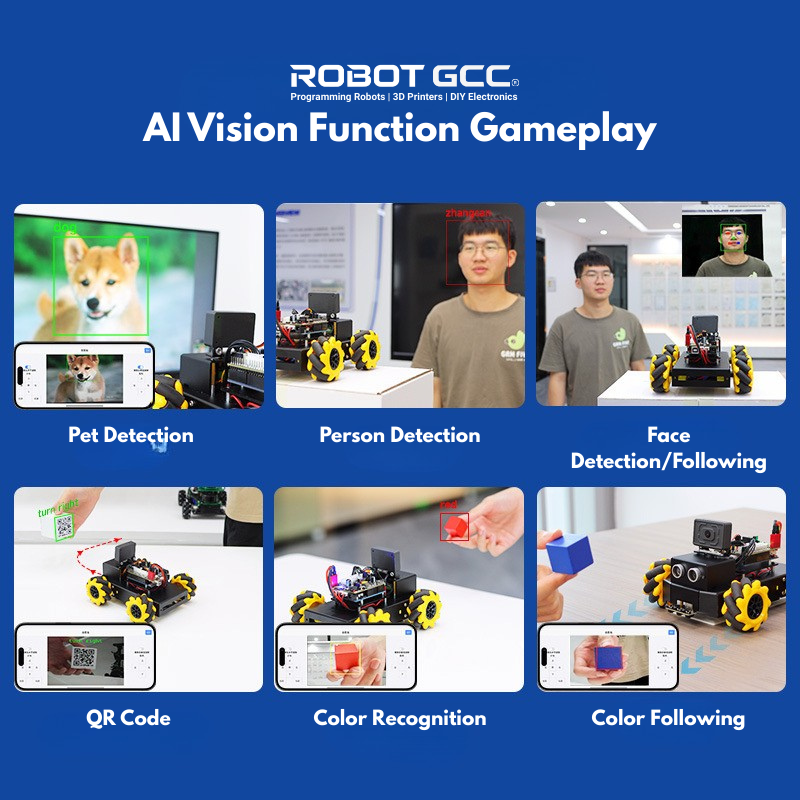 ROBOT GCC AI Vision Function Gameplay with various demonstrations on a blue background