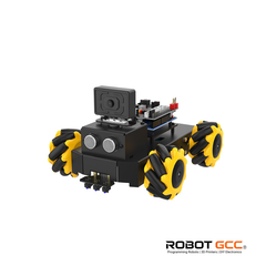 Toy robot with yellow wheels and black body on a white background, featuring the ROBOT GCC logo.