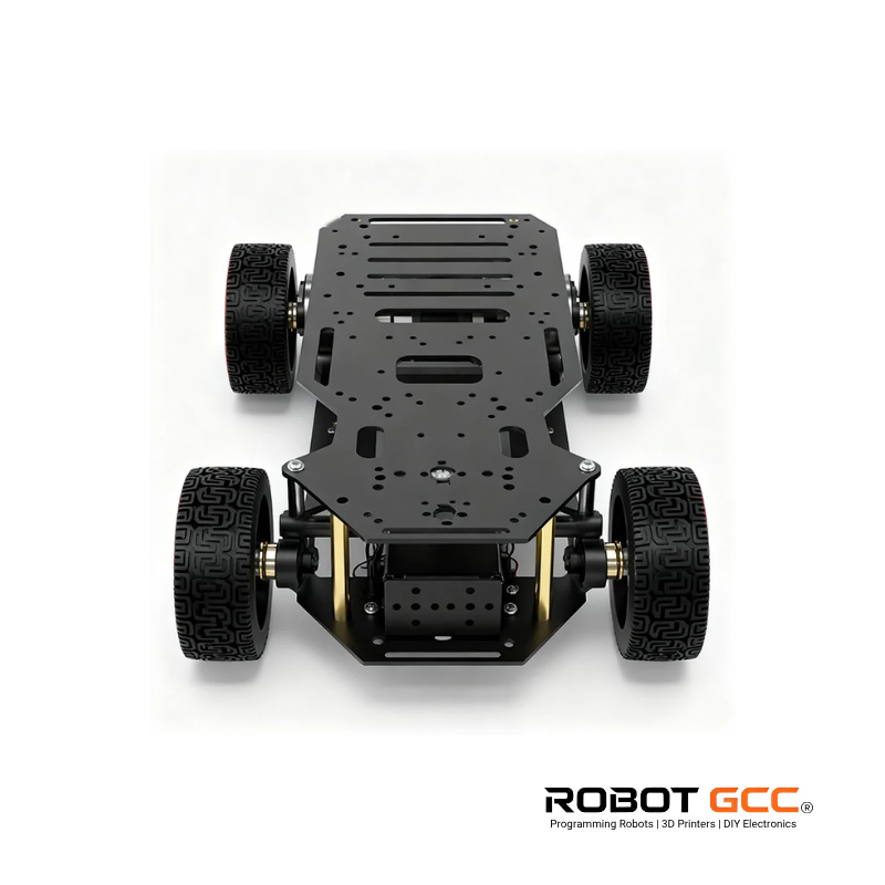 Black robot chassis with wheels on a white background, featuring the Robot GCC logo.