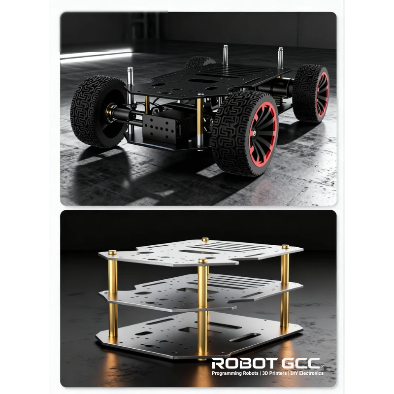 Robot chassis with red wheels on a reflective surface, followed by a metal stand with gold accents.