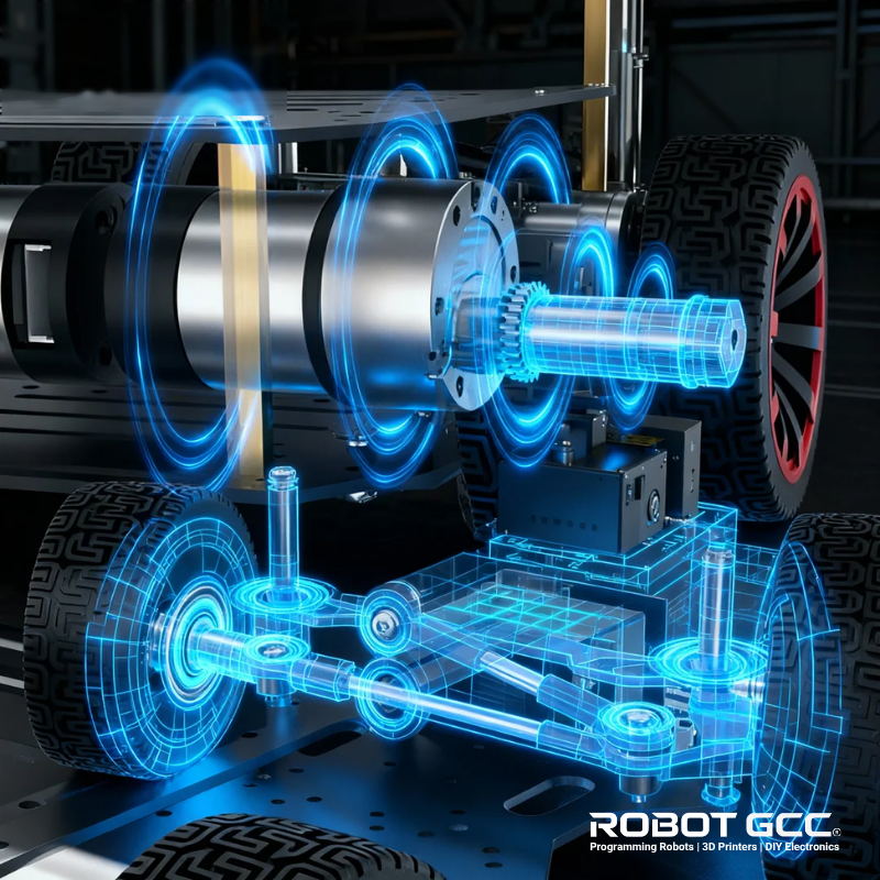 Technical illustration of a robot chassis with gears and wheels, featuring the brand 'Robot GCC'.