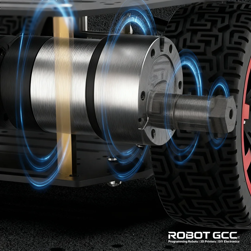 Close-up of a mechanical component with blue energy effects, likely from a 3D printer or robot, with 'ROBOT GCC' branding.