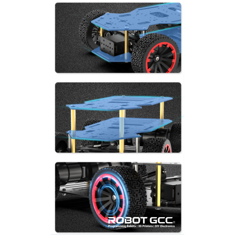 Collage of a robot chassis with visible branding on a white background