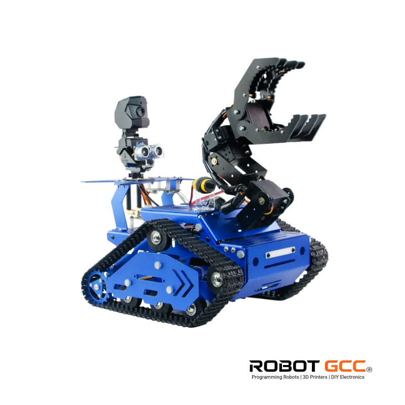 Robotic vehicle with a mechanical arm on a white background, featuring the brand 'Robot GCC'.