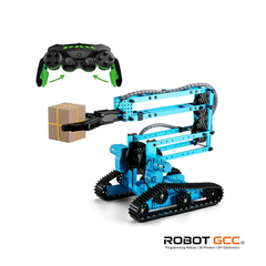 Robotic arm with claw holding a box, connected to a remote control, on a white background with 'Robot GCC' branding.