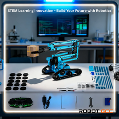 Robotic arm model on a workbench with educational setup in the background, featuring 'Robot GCC' branding.