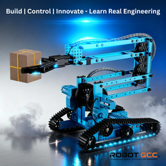 Blue robotic arm with LED lights on a dark background, featuring the brand 'Robot GCC'.