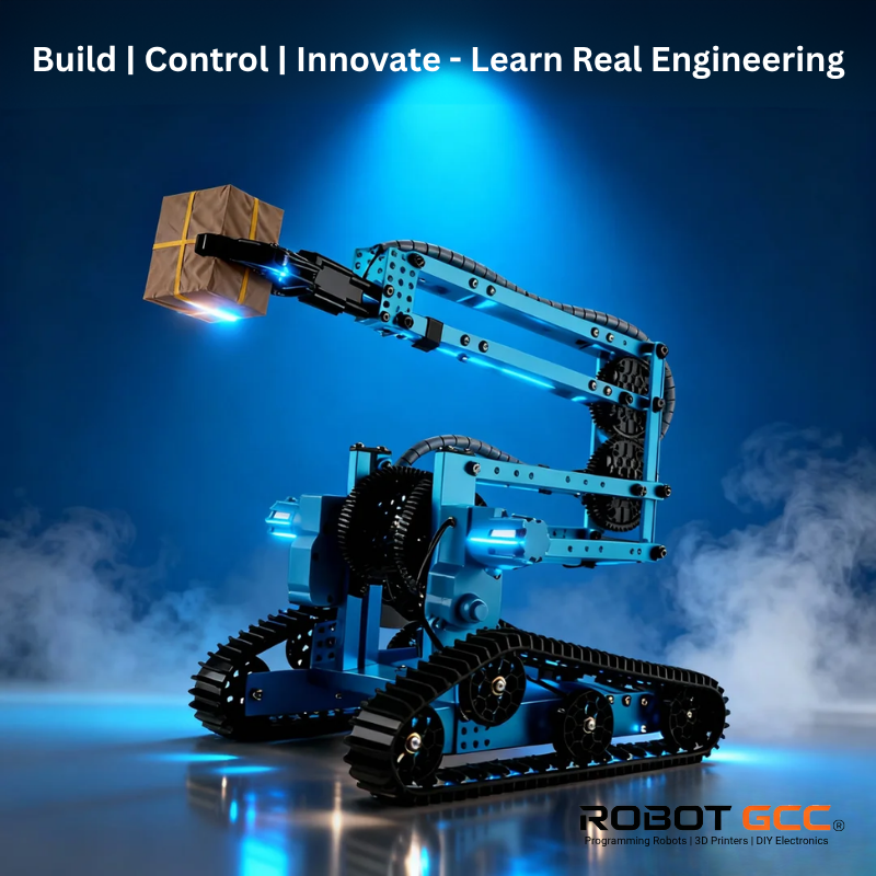 Robotic arm lifting a box with 'Build | Control | Innovate - Learn Real Engineering' text and ROBOT GCC logo.