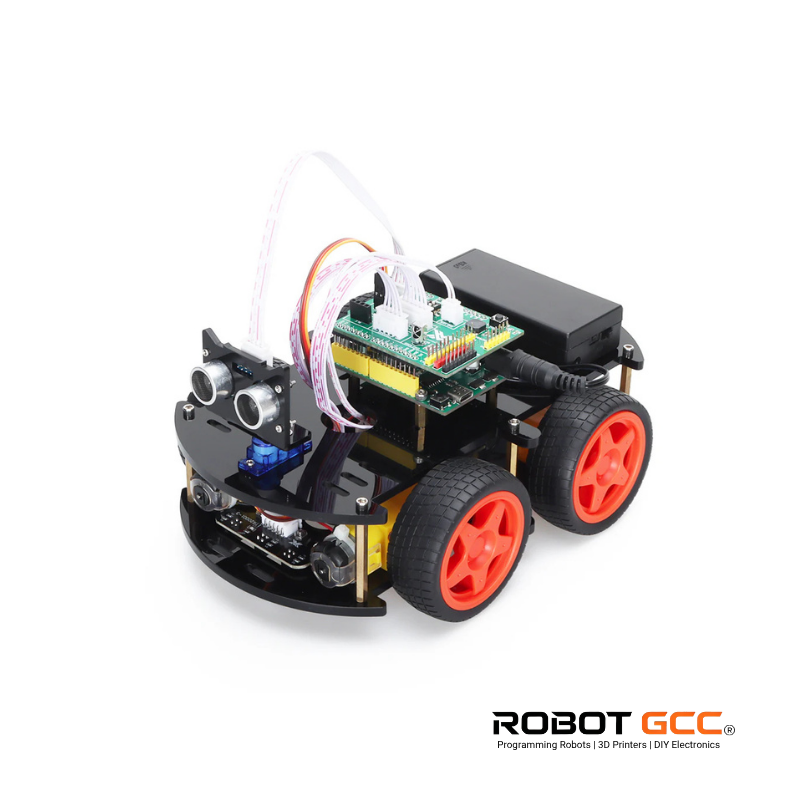 Small robot chassis with red wheels on a white background, featuring the brand 'Robot GCC'.