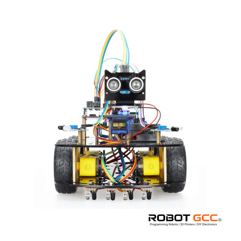 Robotic chassis with electronic components on a white background, featuring the brand 'Robot GCC'.