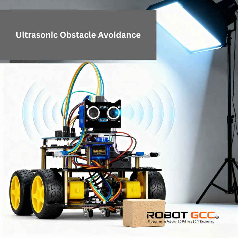 Robotic chassis with ultrasonic sensor and wheels on a white background, featuring 'Robot GCC' branding.