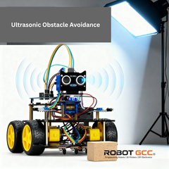 Robotic chassis with ultrasonic sensor and wheels on a white background, featuring 'Robot GCC' branding.