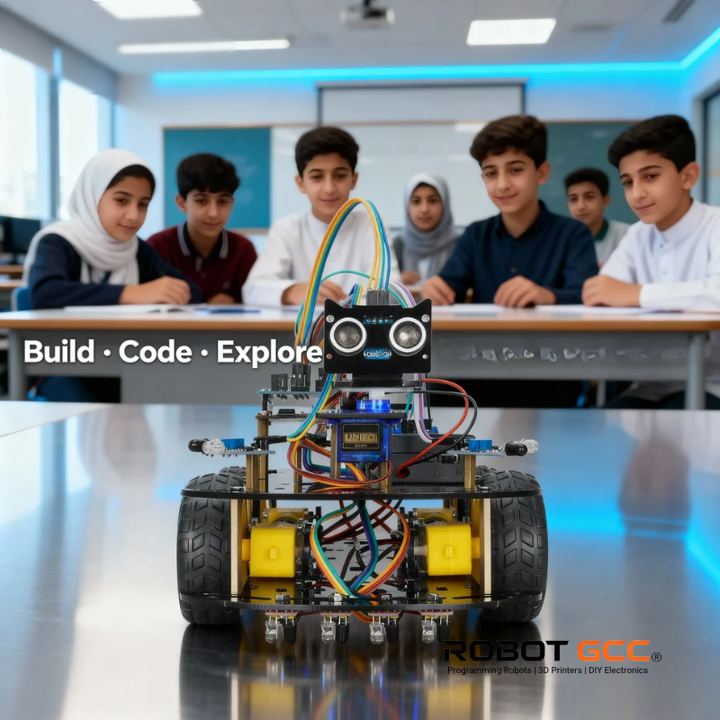 Children in a classroom with a robot in front of them, featuring the text 'Build - Code - Explore' and 'Robot GCC' branding.