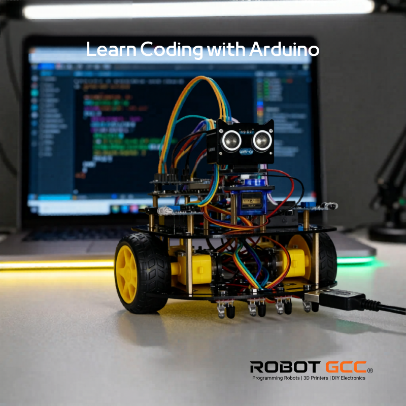 Robotic vehicle with Arduino components in front of a laptop displaying code, with 'Robot GCC' branding.