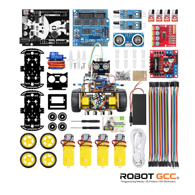 Robotic kit with various components on a white background, featuring the brand 'Robot GCC'.