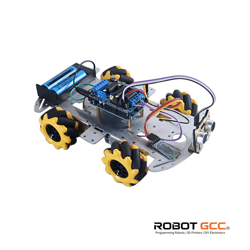 Robot chassis with wheels and electronic components on a white background, featuring the Robot GCC logo.