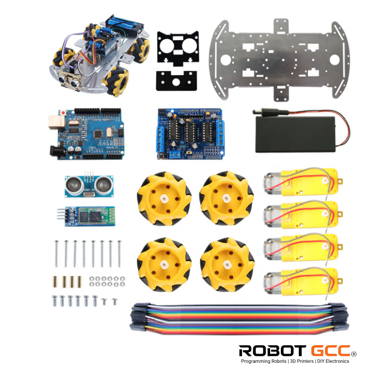 Robotics kit with components for building a robot, including motors, sensors, and electronic boards on a white background.