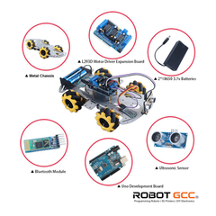 Robot components including a metal chassis, motor driver expansion board, batteries, Bluetooth module, development board, and ultrasonic sensor, with Robot GCC branding.