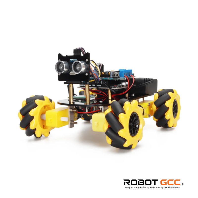 Robotic vehicle with yellow wheels on a white background, featuring the ROBOT GCC logo.