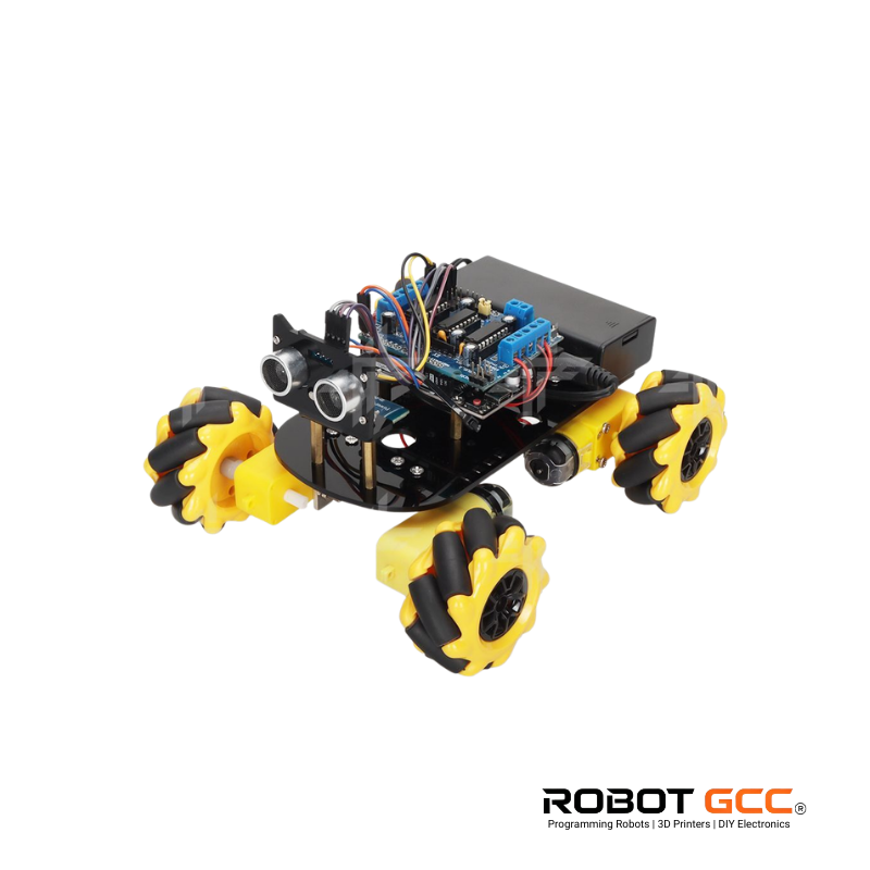 Robotics kit with yellow wheels and electronic components on a white background, featuring the ROBOT GCC logo.